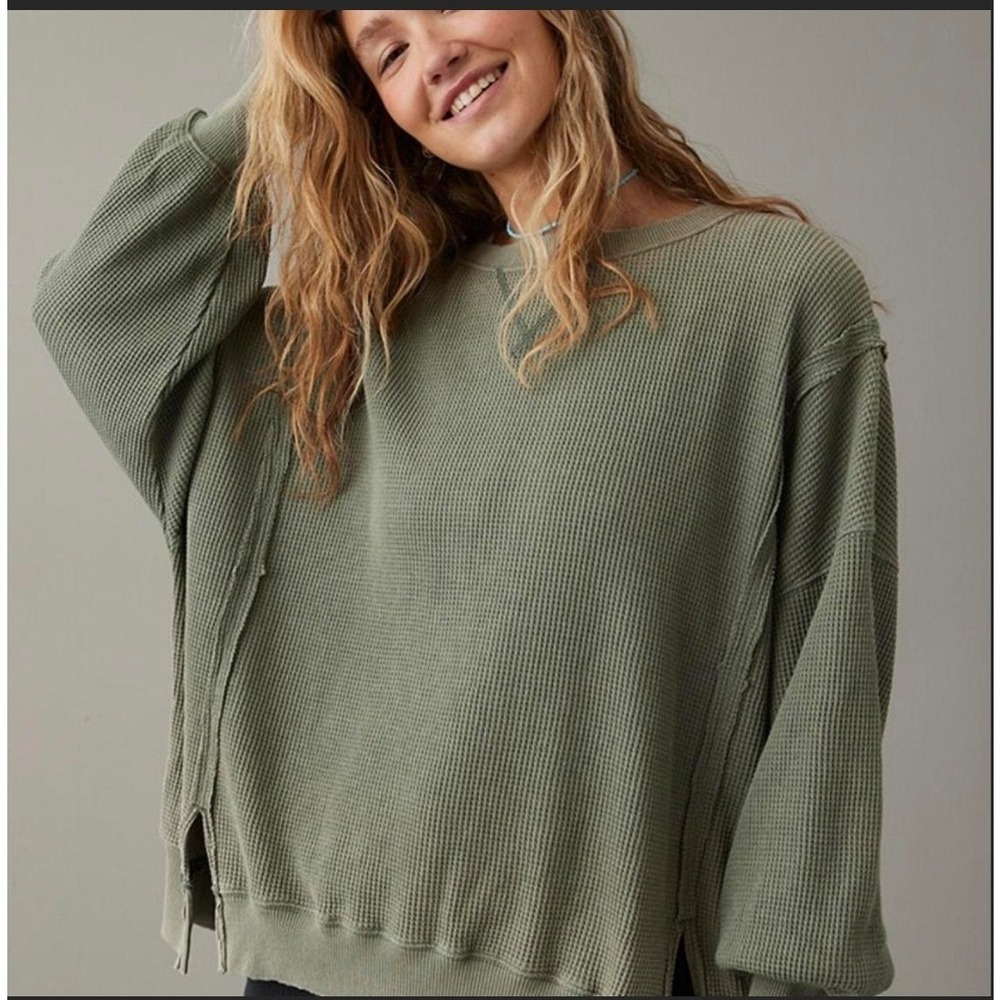 American Eagle Pullover Women XS Green Waffle Knit Oversized Distresed Thermal